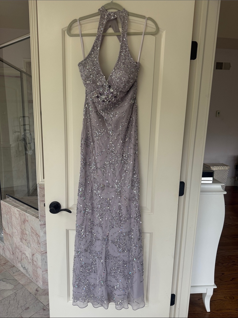 Adrianna Papell Lilac Sequin Halter Maxi Dress
